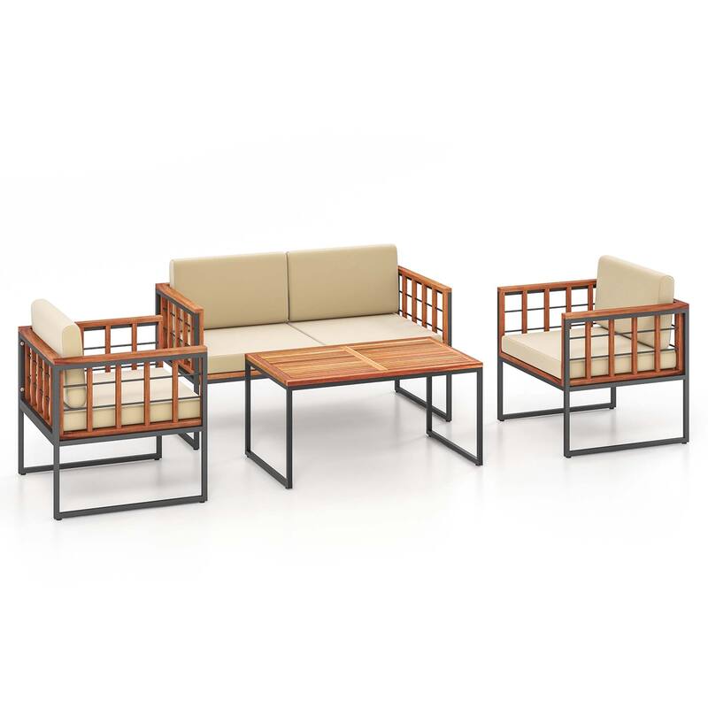 Costway 4 PCS Acacia Wood Outdoor Sofa Set with Heavy Duty Metal Frame - See Details