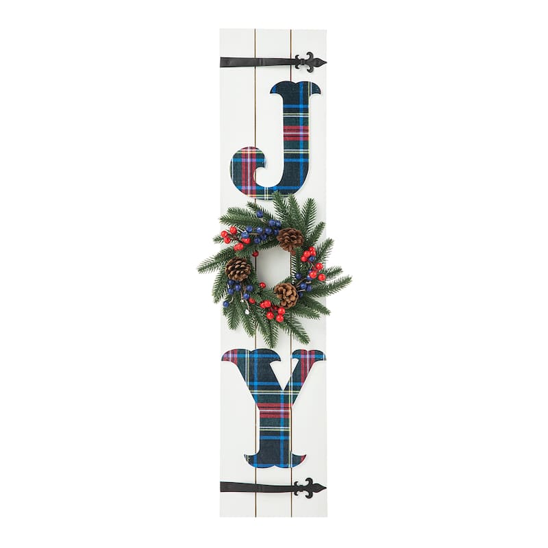 Glitzhome 40"H Lighted or Plaid Wooden JOY Porch Sign - Red - 36"H with Wreath - Porch Sign/Christmas Porch Sign