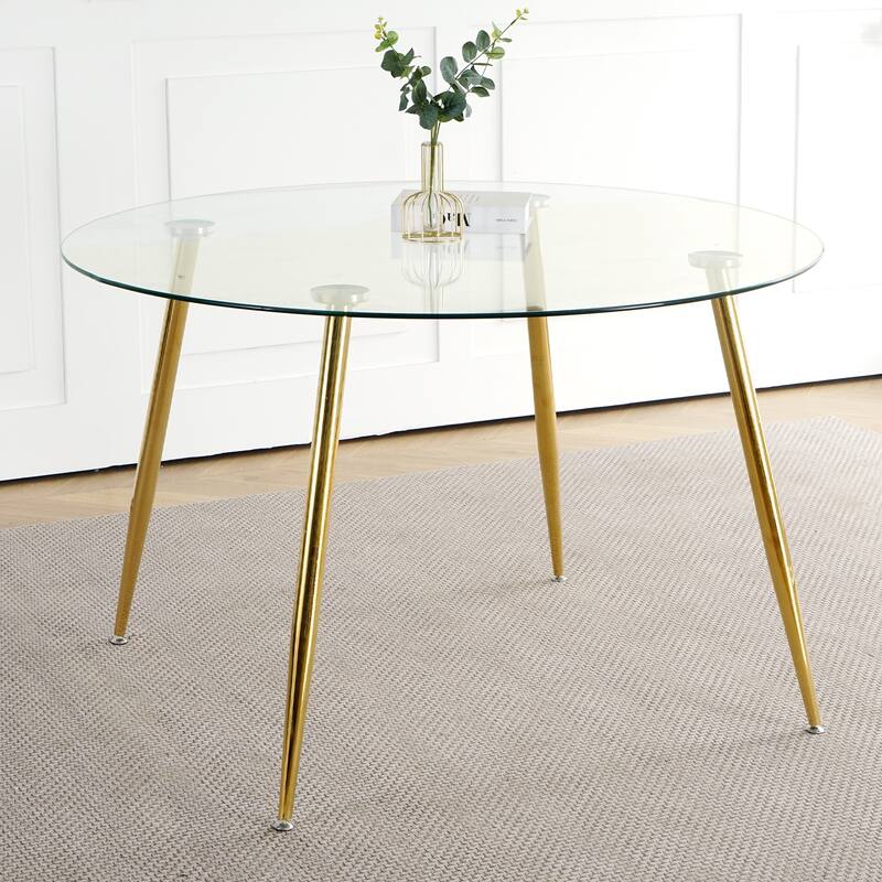 47.2" Luxury Glass Dining Table Set for 4, Circle Kitchen Table with 4 PU Chairs, 5-Piece Modern Dining Table and Chair Set