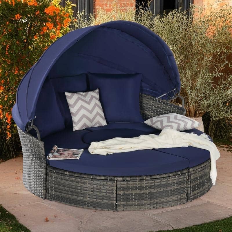 5 Pieces Outdoor Patio Rattan Round Daybed Sunbed with Retractable Canopy and Removable Cushions - Dark Blue
