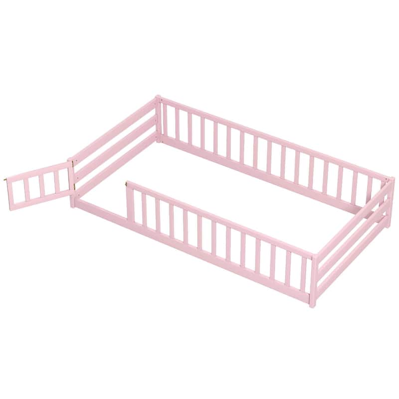 Costway Twin Size Floor Bed with Door & Fence with Safety Guardrails &