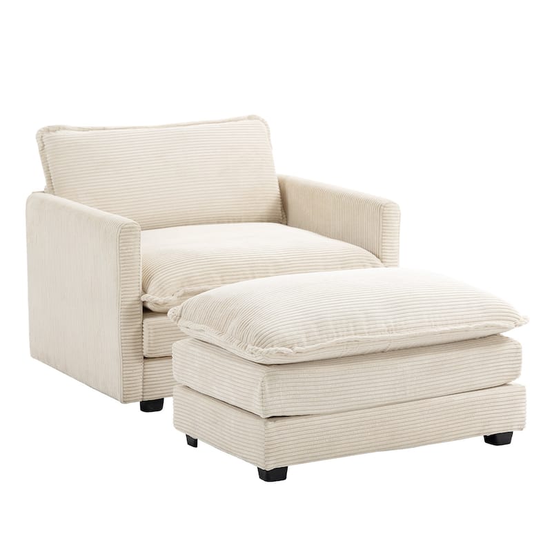 Corduroy Sectional Sofa with Removable Ottomans & Ultra-soft Cushions for Living Room & Bedroom - 1 Seat with 1 Ottoman - Beige