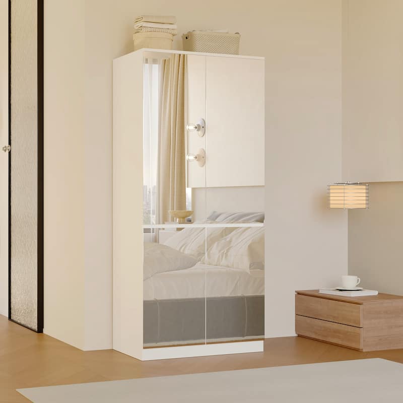Modern Mirrored Wardrobe Armoire with Hanging Rod White Bedroom Storage Cabinet, Freestanding Closet Organizer