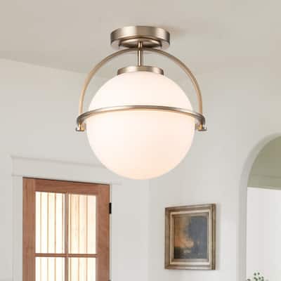 1-Light Frosted Glass Wide Globe Semi Flush Ceiling Light - 13in