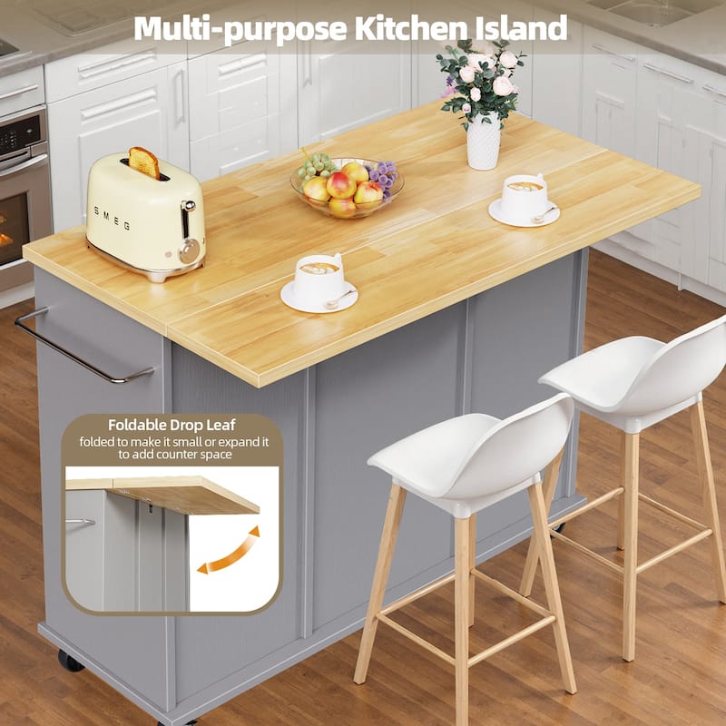 2-Door Kitchen Island with Drawer & Drop Leaf - Mobile Storage Cart on Lockable Wheels for Kitchen, Dining Room, Bar
