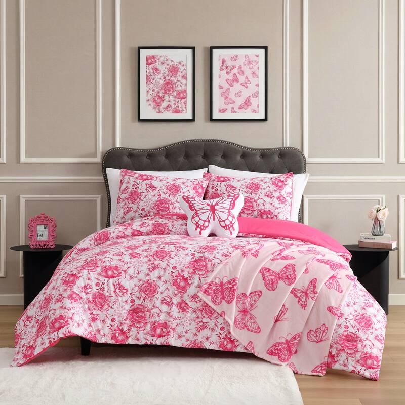 Betsey Johnson Sketch Toile Reversible Pink Comforter Bonus Set