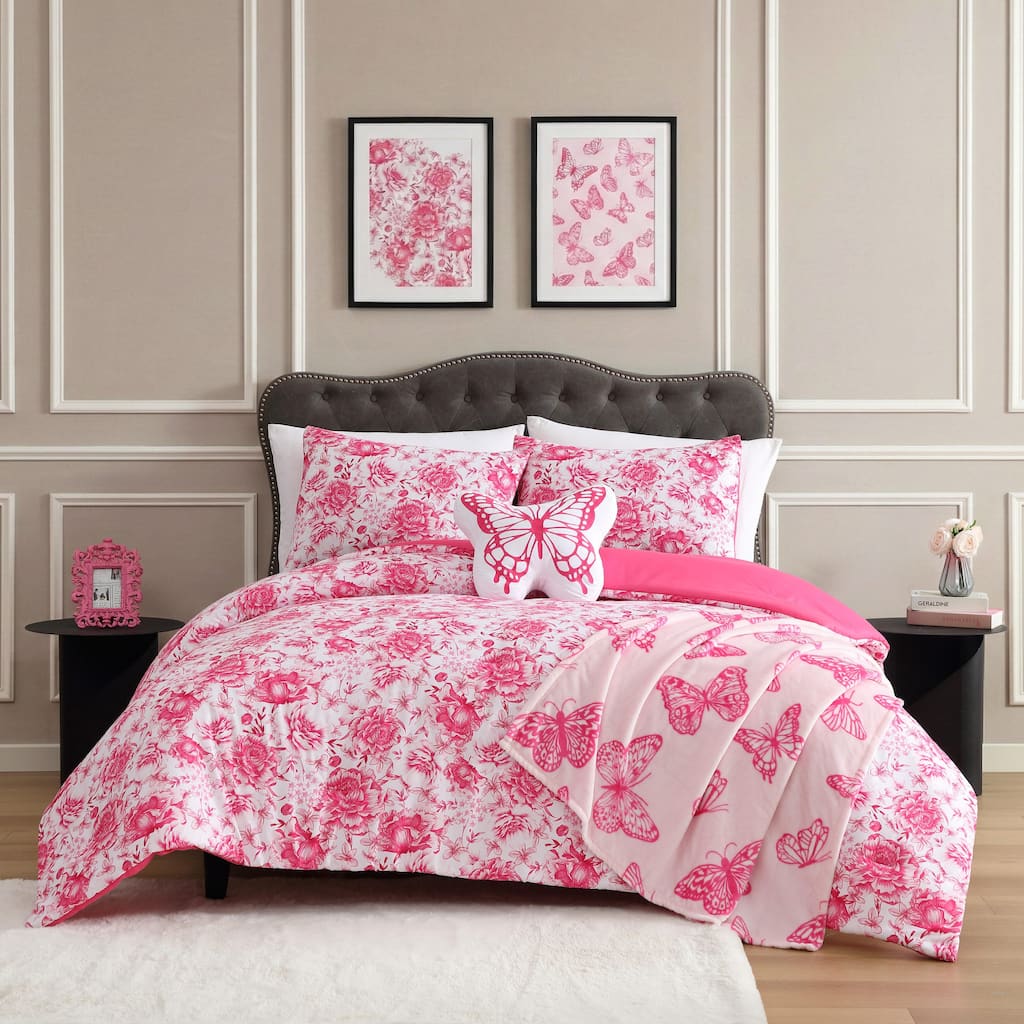 Betsey Johnson Sketch Toile Reversible Pink Comforter Bonus Set
