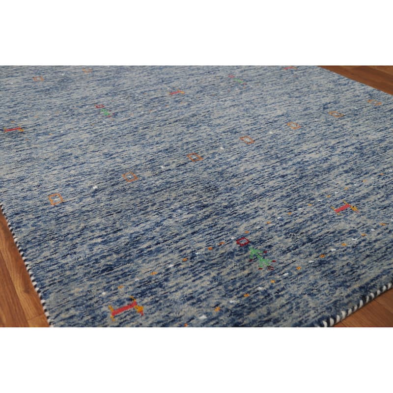 Striped Blue Gabbeh Oriental Rug Hand-Knotted Wool Carpet - 4'0" x 5'10" - 4'0" x 5'10" - Blue