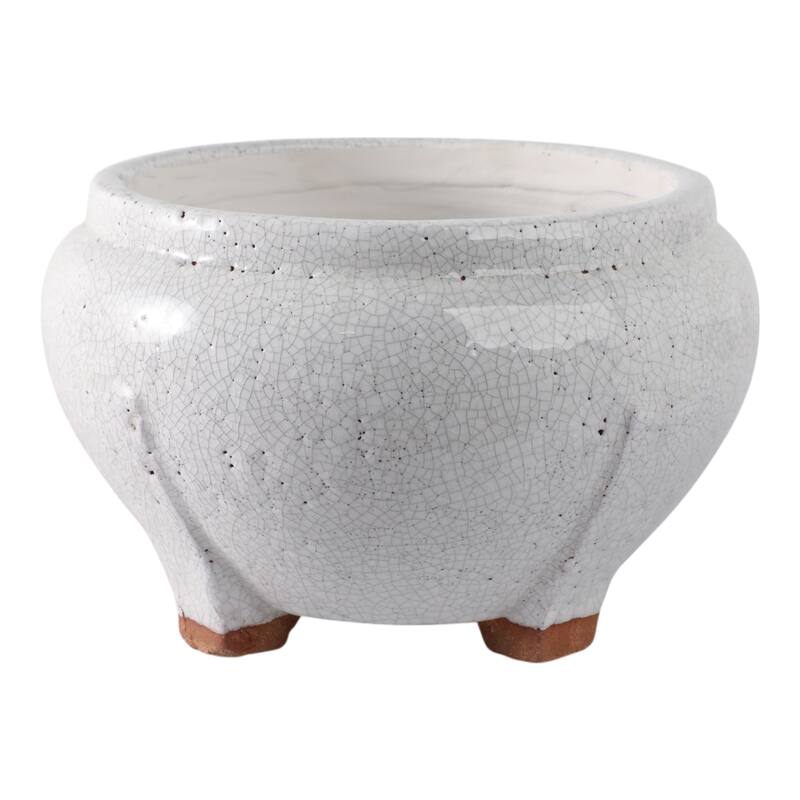 Terracotta Planter Crackled Glaze Round Footed Design - 6" White - 10" x 10" x 6"