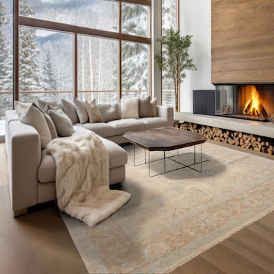 Multi Size Hand Knotted Beige Oushak Wool Area Rug Stone Wash Oriental