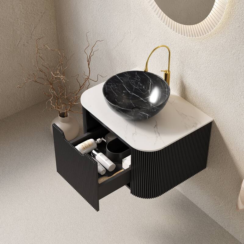 Vanity With Sink, Wall-Mounted Bathroom Storage Cabinet With Drawer,Bowl Ceramic Basin With Stone Pattern