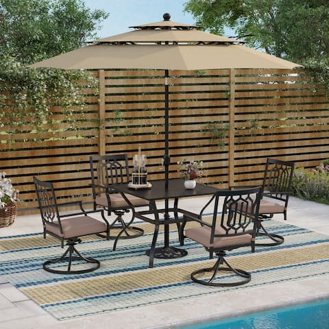PHI VILLA Patio Dining Set 5 Piece with 10ft Round Umbrella, 4 Swivel Dining Chair with Cushion and 37" Steel Slat Patio Table