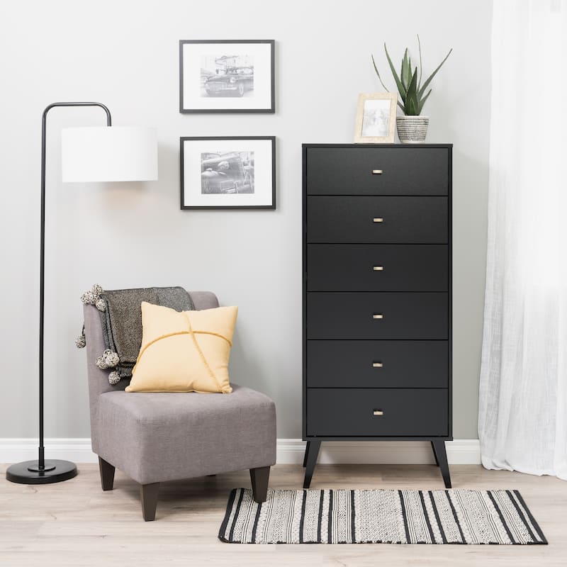 Prepac Milo Mid-Century Modern 6 Drawer Dresser, Tall Chest of Drawers, Retro Bedroom Furniture, Lingerie Dresser