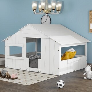 White Full Size Solid Wood House Bed with Roof, Window, and Guardrail
