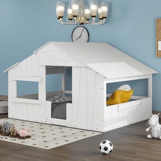 White Full Size Solid Wood House Bed with Roof and Guardrail for Kids