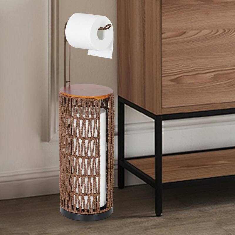 Freestanding Toilet Paper Holder with Storage,3 Rolls of Rattan Tissue Holder,Woven Toilet Paper Roll Holder Stand - Coffee