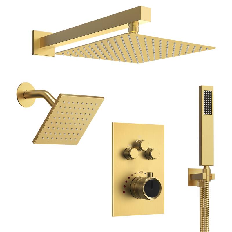 Thermostatic Shower Faucet 12" and 6" High-Pressure Dual Showerheads with Handheld Shower - Brushed Gold