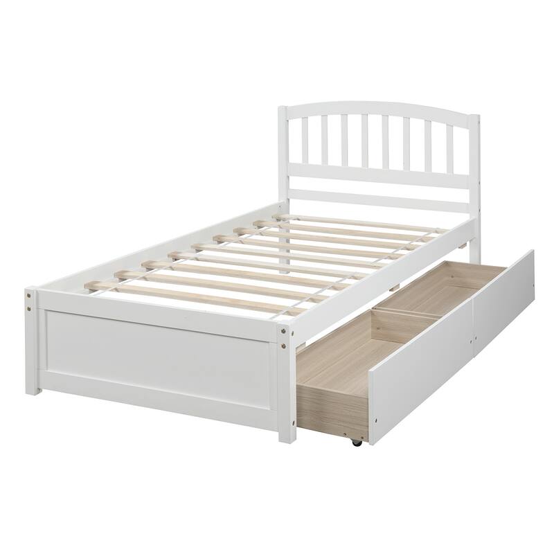 Twin Platform Storage Bed with Two Drawers and Headboard, White