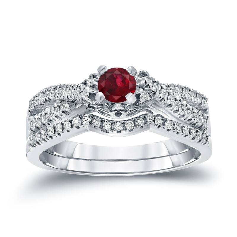 14k Gold 1/4ct Ruby and 1/4ct TDW Braided Infinity Diamond Engagement Ring Set by Auriya - 4 - White