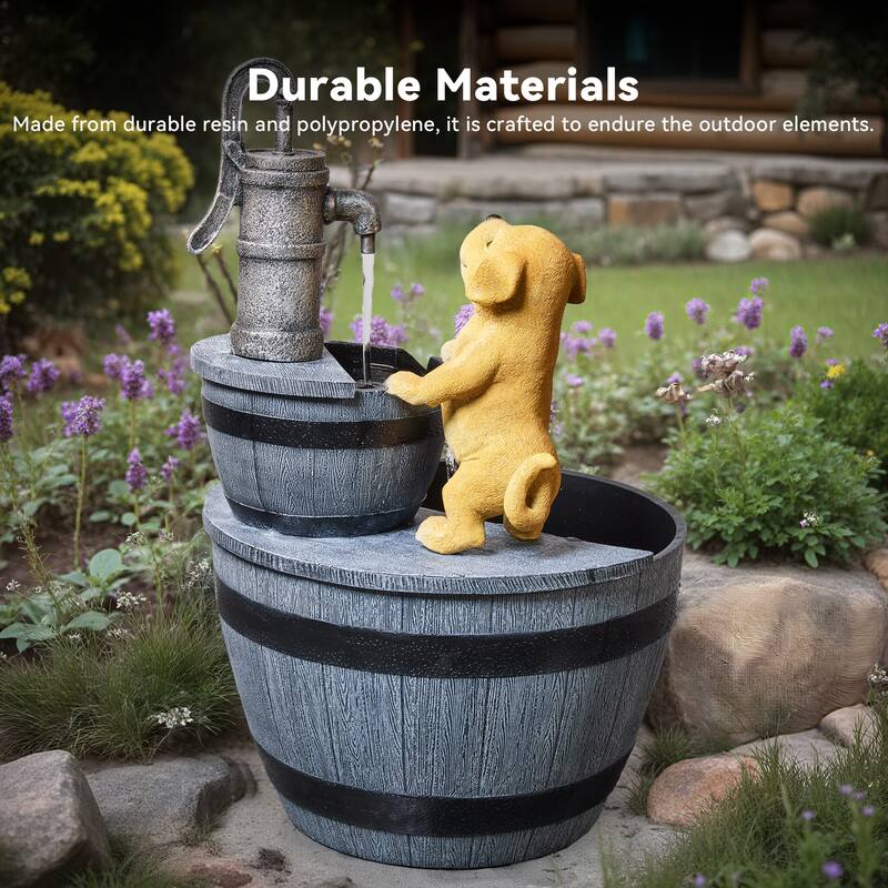 Farmhouse Tiered Outdoor Fountain – Faucet and Puppy Design, Weather Resistant Polyresin