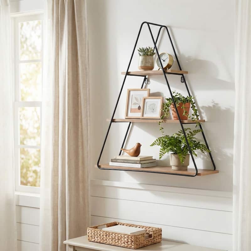 Metal Wood Triangular Frame Wall Shelf - Brown, 26" - 26.0" - 26.0" - Brown