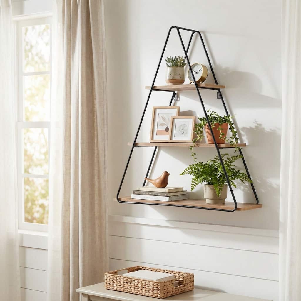 Metal Wood Triangular Frame Wall Shelf - Brown, 26" - 26.0"