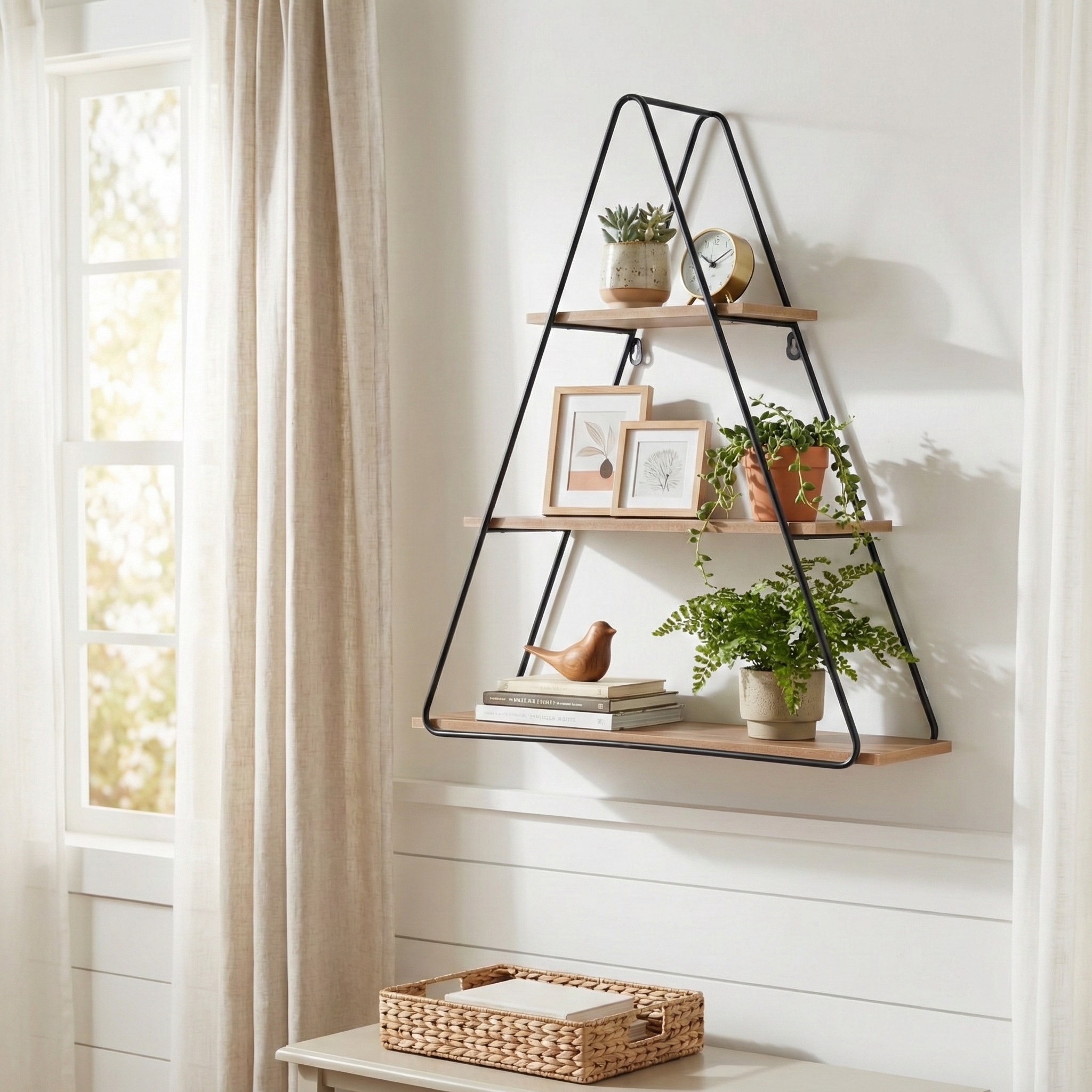 その他 anonymous design triangle shelf Metal Wood Triangular Frame Wall Shelf - Brown, 26