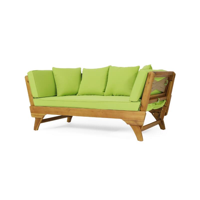 Flex Outdoor Daybed, 65 Inch Teak Brown Acacia Wood, Green Cushions