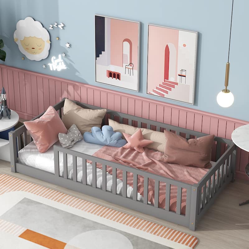Floor Platform Bed with Fence without Door