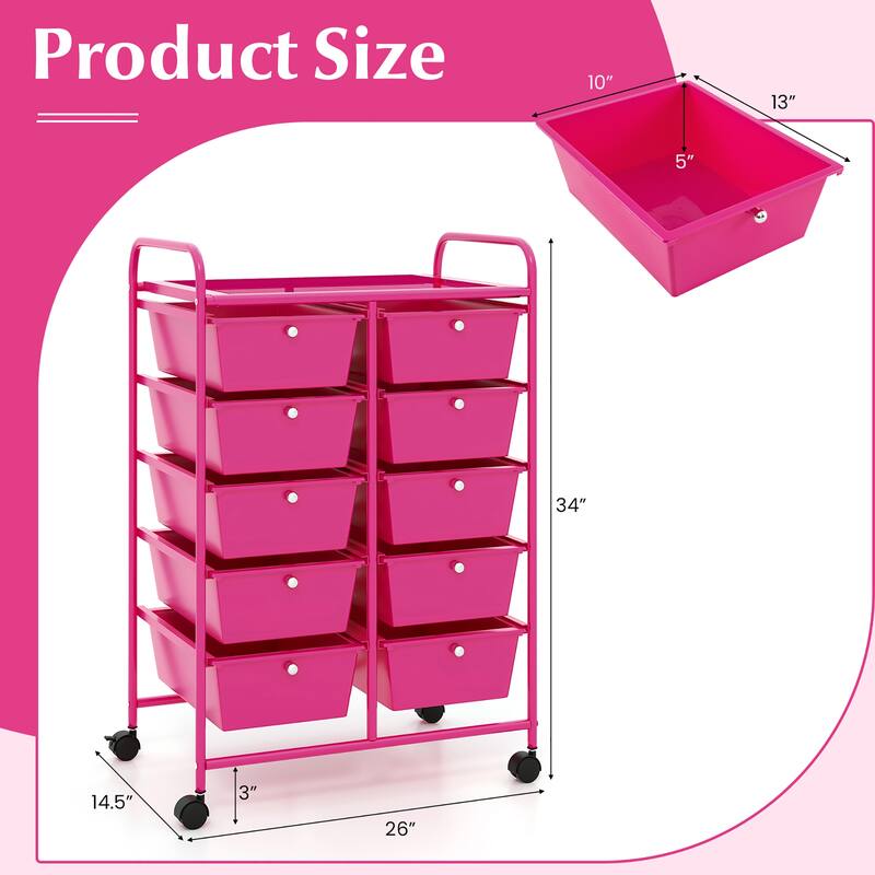 Gymax 10-Drawer Storage Cart Utility Rolling Trolley Kitchen Organizer