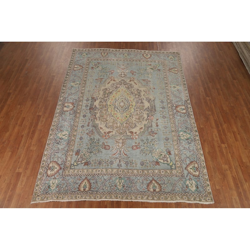 Hand Knotted Oriental 100% Wool Carpet Traditional Medallion Navy Blue & Blues Tabriz Area Rug - 10' 9'' X 7' 8''