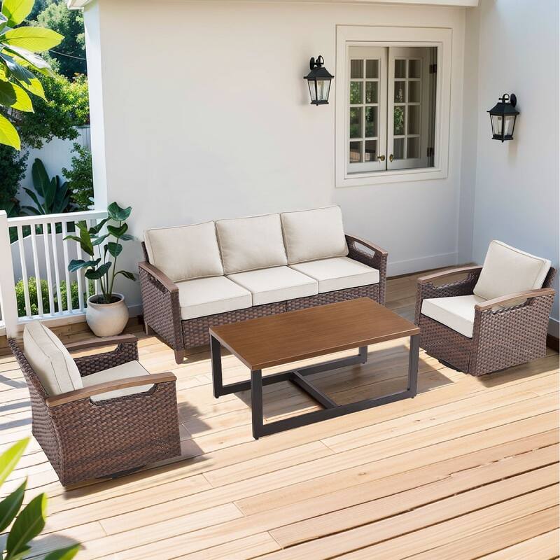 Pocassy Outdoor Brown Wicker Funitre with Cushion Set - Beige Cushion - 3-Seat Sofa with Swivel Chair Table Set