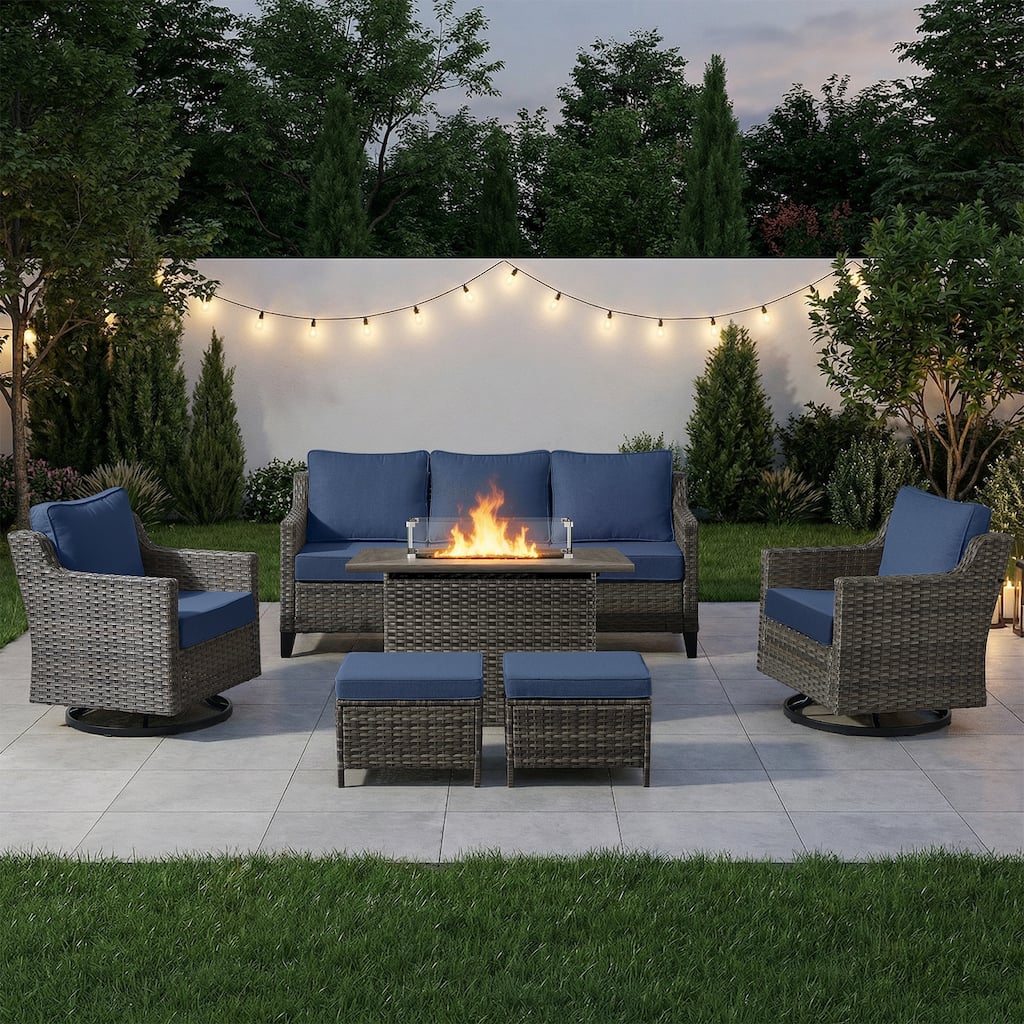 Meyreso 6-Piece Wicker Outdoor Patio Fire Pit Conversation Set with 4-Inch Thick Cushions