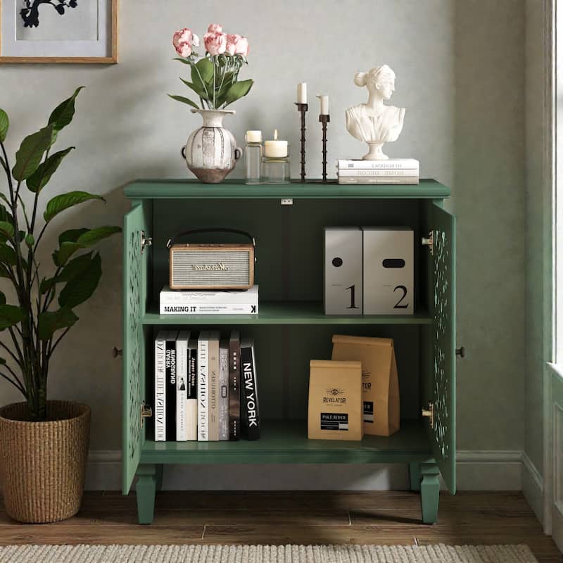 Vintage Hollow-Carved 2-Door Accent Cabinet with Floral Design, Adjustable Shelf and Solid Wood Legs, 31.5'' Sideboard