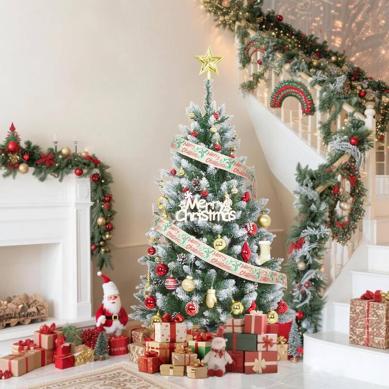 Christmas Tree, Pre-Lit 4.5 Ft Artificial Pine with LED Lights, Hinged Holiday Tree with Foldable Metal Base for Home