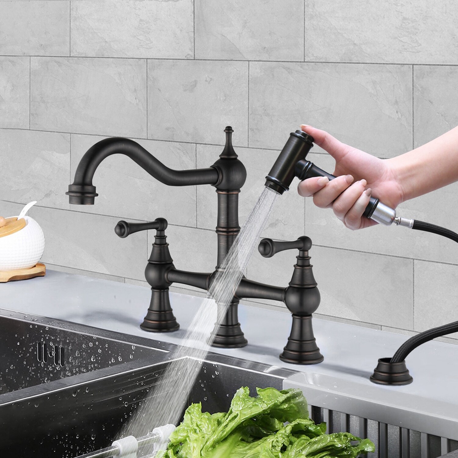 YASINU Bridge Kitchen Sink Faucet With Pull-Out Side Spray-in