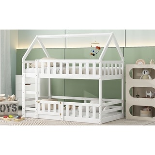 Low Twin Over Twin Design, Down Bed No Slats Floor Bed with Fence and Door - White House-shaped Bunk Bed with Roof and Ladder
