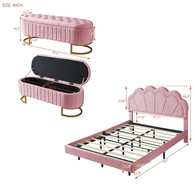 2-Pieces Bedroom Sets Full LED Platform Bed with Storage Ottoman