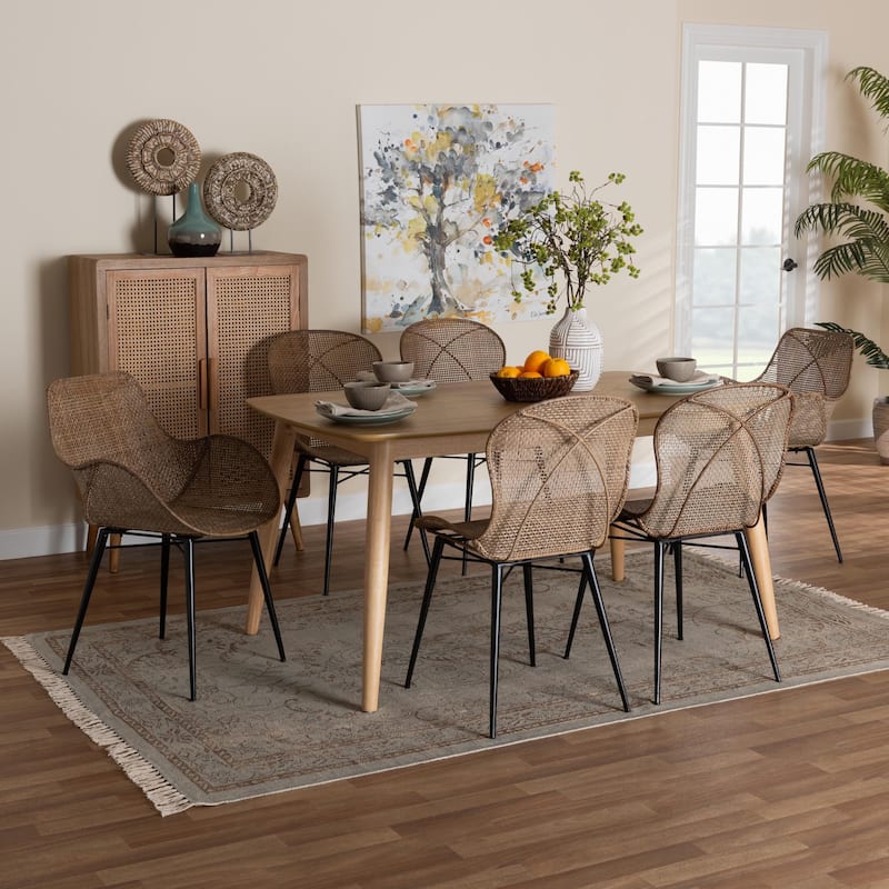 Emmali Modern Bohemian Rattan and Wood Dining Set