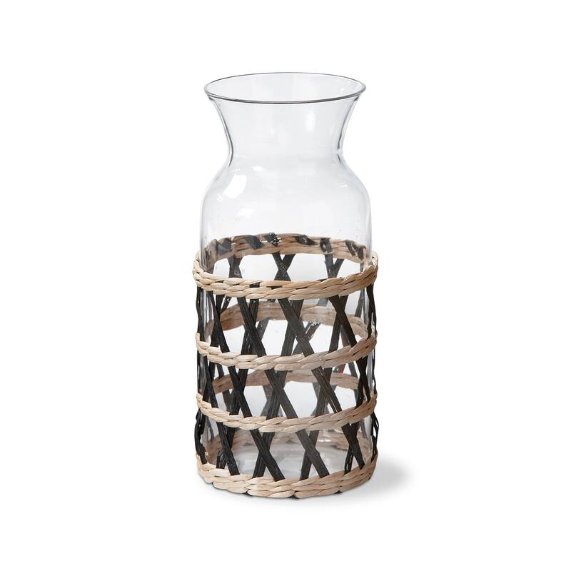 Island Collection Clear Glass Carafe Serveware Drinkware with Black Cattail Braided Sleeve, 40 oz