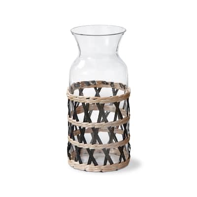 Island Collection Clear Glass Carafe Serveware Drinkware with Black Cattail Braided Sleeve, 40 oz