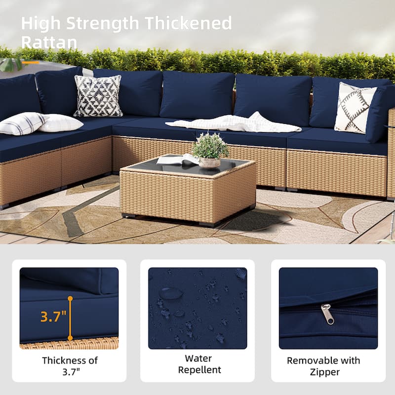 Patio Watcher 7-Piece Patio Yellow Wicker Sectional Seating Group with Cusions and Side Table