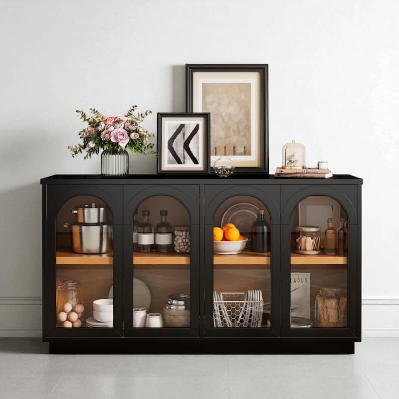Modern 57.7" Storage Sideboard with Glass Doors, Rebound Doors, Adjustable Shelves, and Wire Management Hole - Black