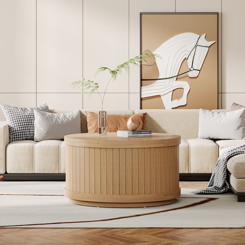 Industrial Round Coffee Table Circle Center Table with Storage Shelves