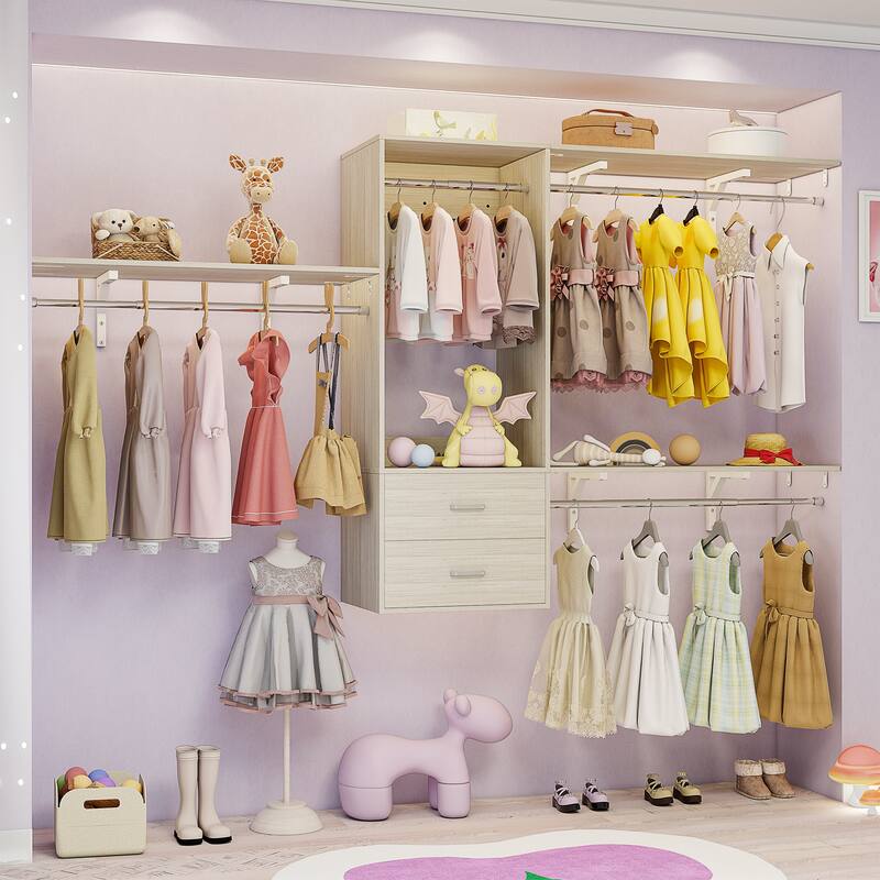 96'' W Wall-mounted Closet System with Storage Shelves and Hanging Rods,Adjustable Walk-in Closet Organizer System - Two Drawers - Washed Oak