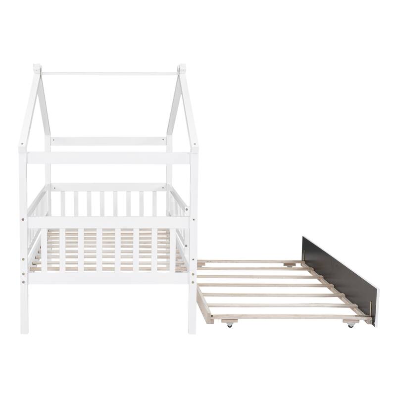 Pine House Bed with Trundle, Guardrail & Roof