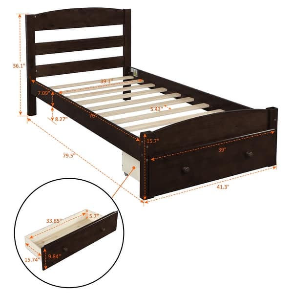 Twin Platform Bed Frame with Storage Drawer, Espresso Finish