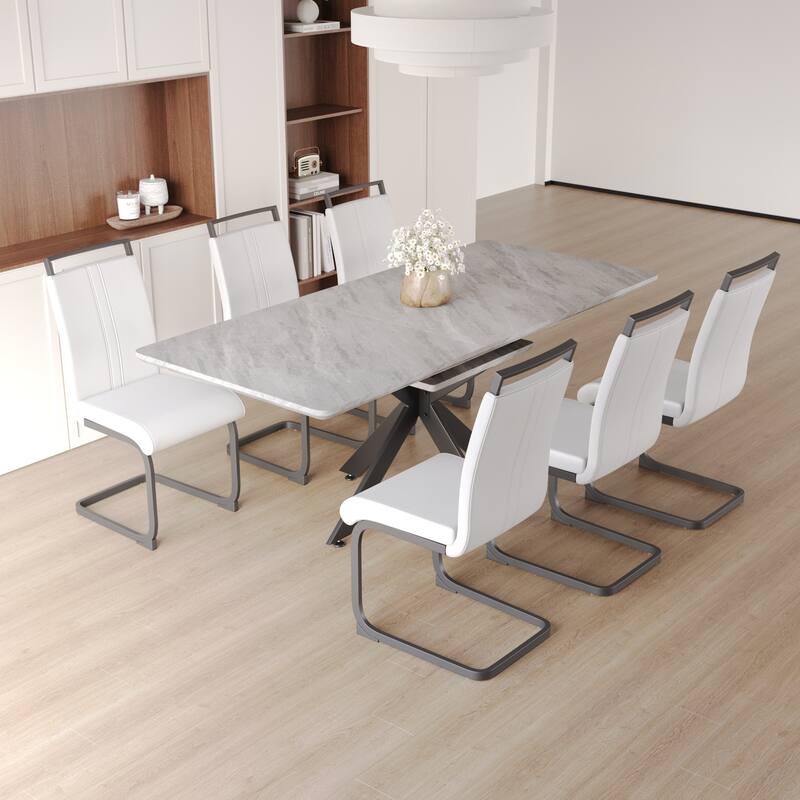 Modern Dining Set with Rectangular Extendable Table & C-shaped Tube Soft Padded Armless Chairs