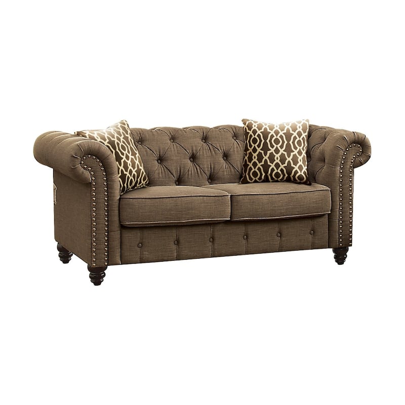 HomeRoots 67" Brown And Dark Brown Linen Loveseat - 67.00 in. x 30.00 in. x 33.00 in.