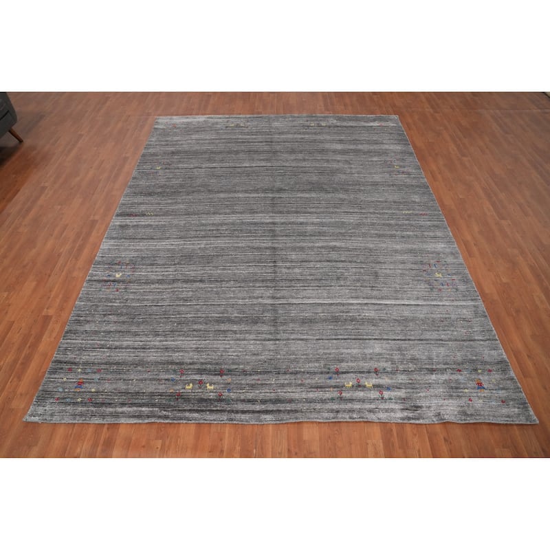 Hand Knotted Oriental Viscose Silk Carpet Tribal Animal Pictorial Greys & Charcoal Gabbeh Area Rug - 11' 9'' X 9' 2''